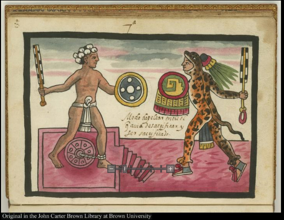 1585  7a Modo de pelear entre el que avia de sacrificar, y ser sacrificado Spanish America.jpg