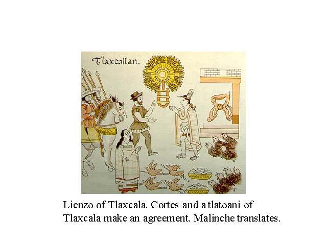 Lienzo of Tlaxcala. Cortez and tlatoani of Tlaxcala make an agreement. Malinche translates.JPG