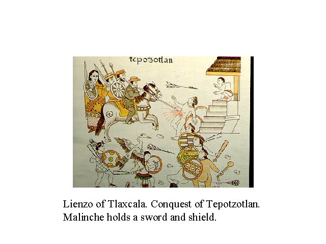 Lienzo of Tlaxcala. conquest of Tepoztlan. Malinche holds a sword and shield.jpg