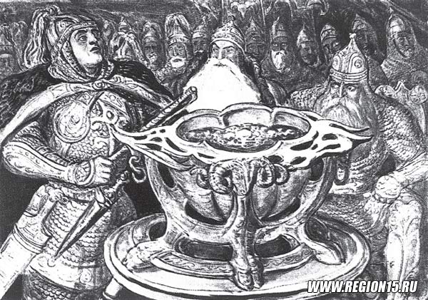 Батраз (Balder-As) перед Чашей Уацамонга (Чаша Грааля). Художник М. Туганов.jpg